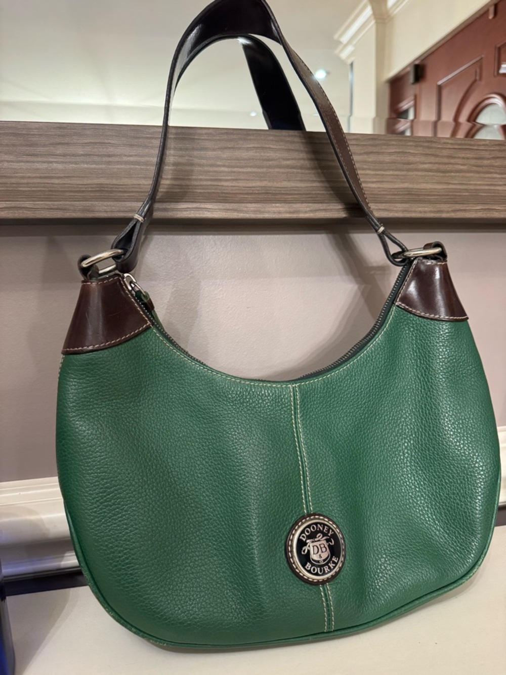 Dooney & Bourke Green Leather Hobo Bag with Brown Trim